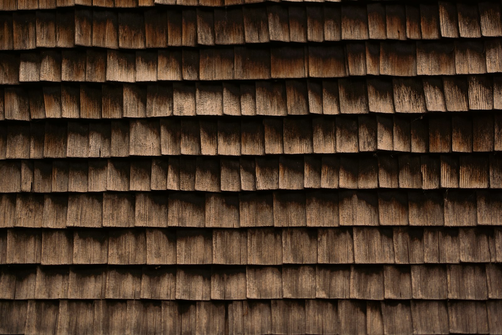 Close-up of natural cedar shingle siding in rows