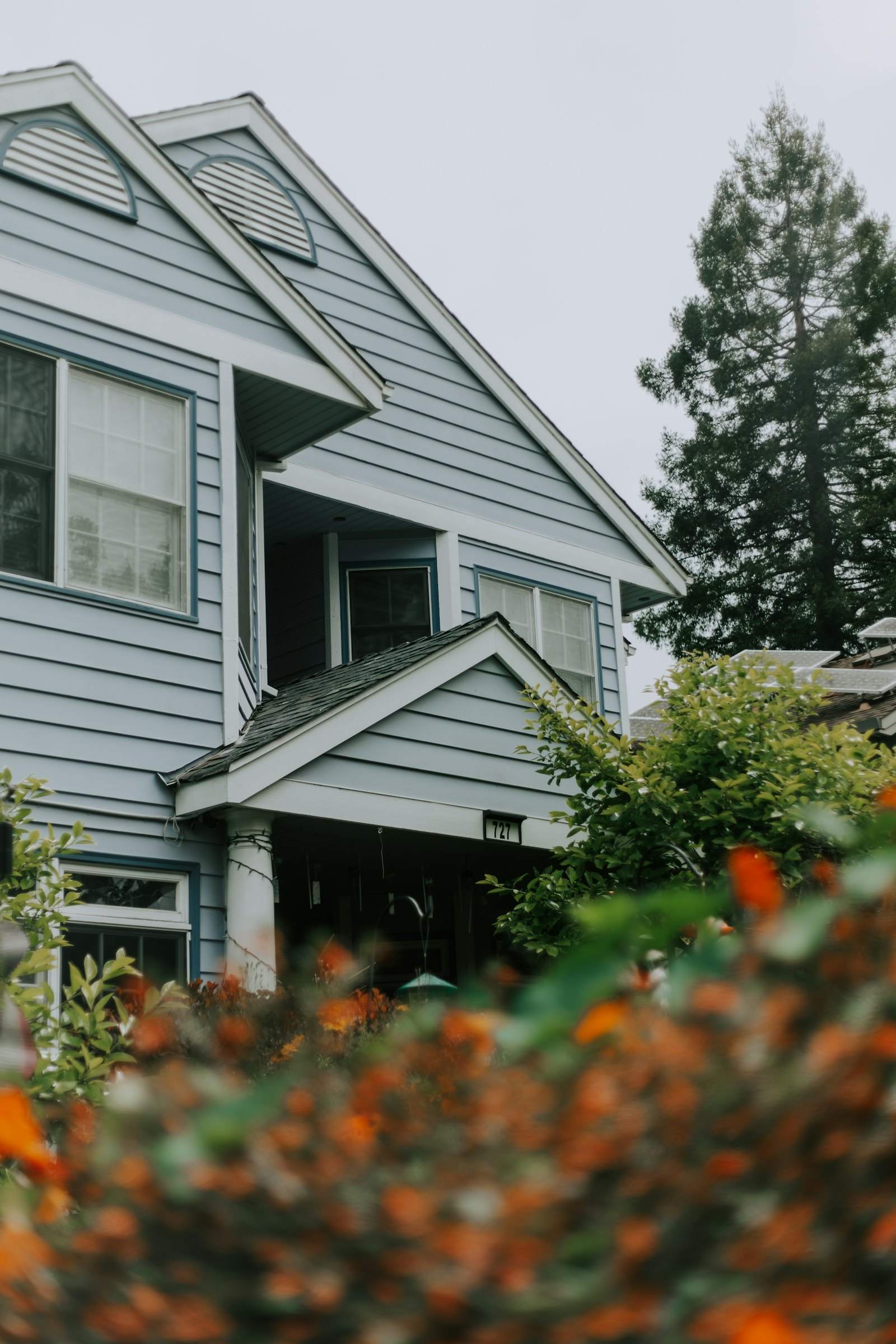 Blue lap-sided two-story house framed by green and orange plants