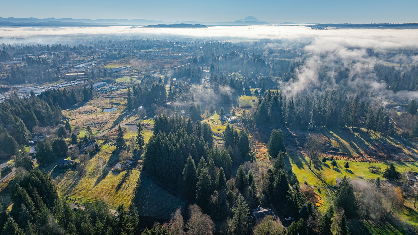 Aerial view of wooded hills and houses under morning fog