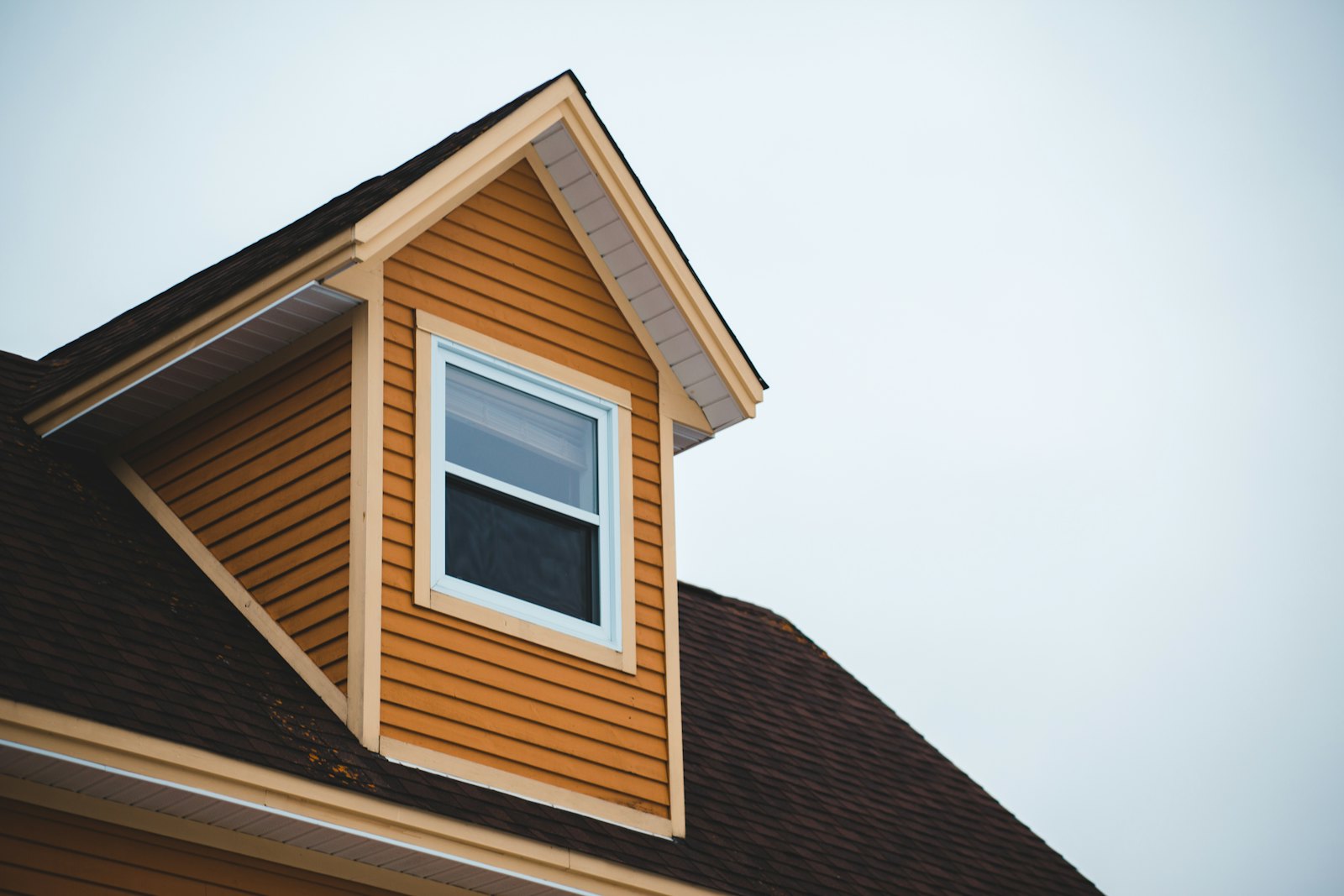 Orange lap siding on a dormer with white trim