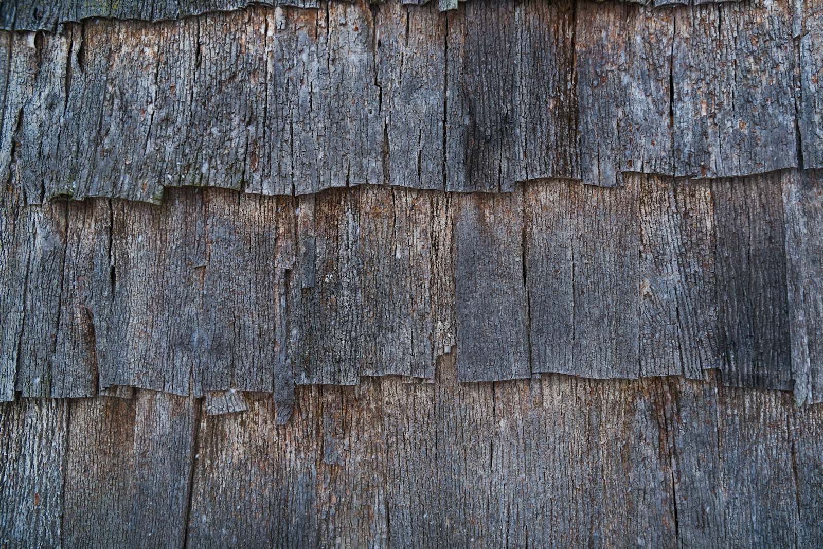 Close-up of worn, split wooden shingles